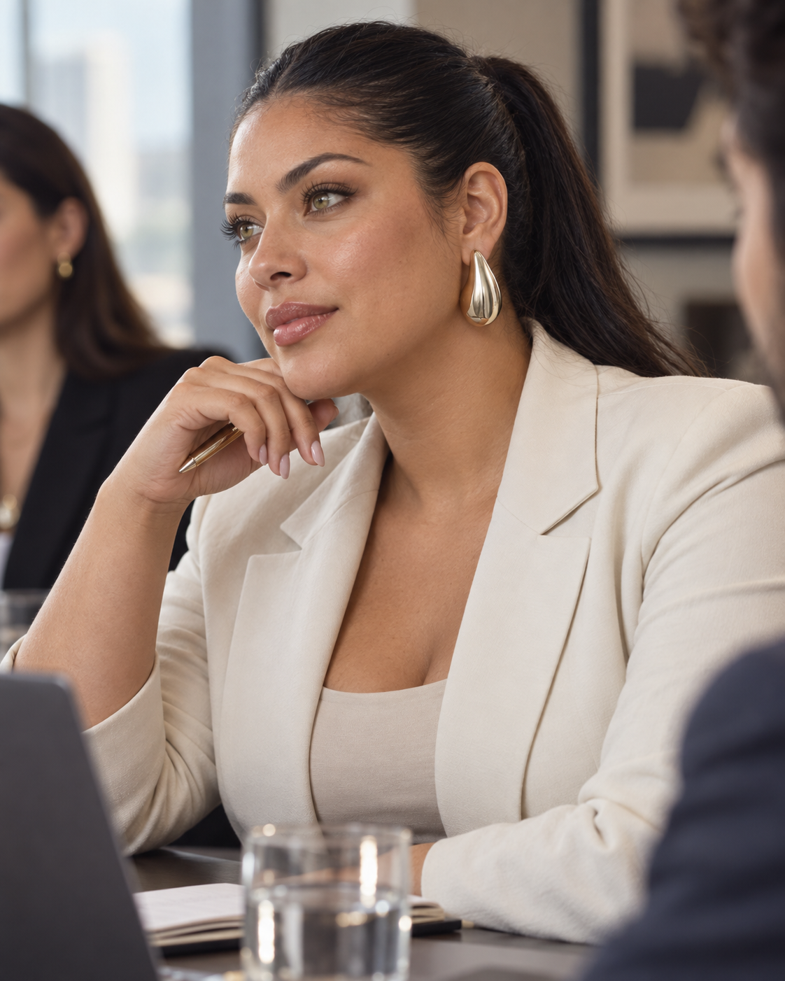 Woman in an office meeting wearing modern sculptural drop earrings with a tailored cream blazer.