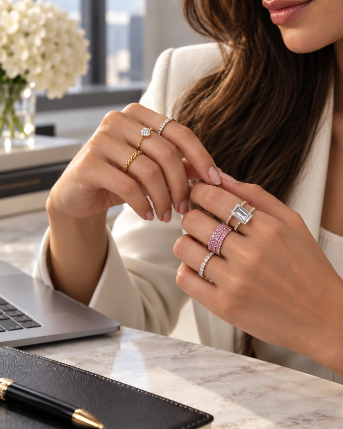 Woman in a modern office wearing a mix of delicate diamond bands, a bold pink pavé ring, and a large emerald-cut statement ring.
